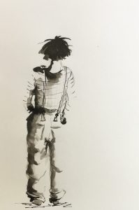 Original drawing of a child in baggy clothes. Ink on paper, by Jenny Neill.