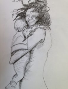 Original drawing of young woman holding child. Pencil on paper, by Jenny Neill.