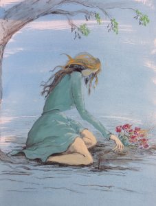 Original painting of young woman kneeling with flowers. Watercolour on paper, by Jenny Neill.