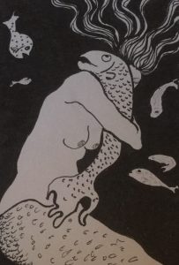 Original painting of a fish woman. Ink on paper, by Jenny Neill.
