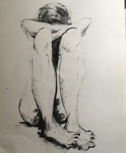 Original drawing of woman with head on knees. Charcoal on paper, by Jenny Neill.