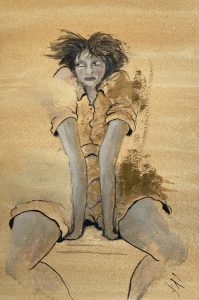 Original painting of a girl sitting. Watercolour, gouache and pencil on paper, by Jenny Neill.