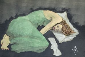 Original painting of a woman in a green dress sleeping. Watercolour, gouache and pencil on paper, by Jenny Neill.