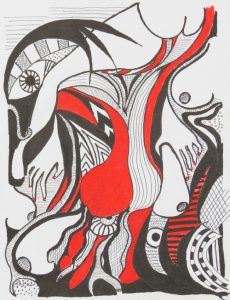 Original abstract in red. Ink on paper, by Jenny Neill.