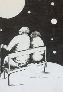 Original drawing of a couple at the edge of the world. Ink on paper, by Jenny Neill.