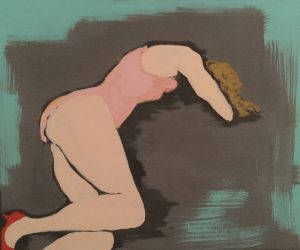 Original painting of woman with red shoes. Acrylic gouache on canvas, by Jenny Neill.