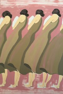 Original painting of women in a queue. Acrylic gouache on canvas, by Jenny Neill.