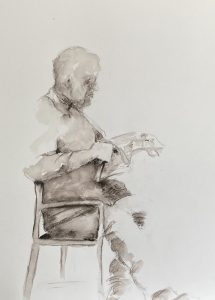 Original drawing of an elderly man reading a newspaper. Ink on paper, by Jenny Neill.