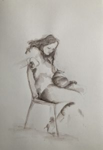 An original drawing of a girl with a cat. Sepia ink on paper by Jenny Neill.