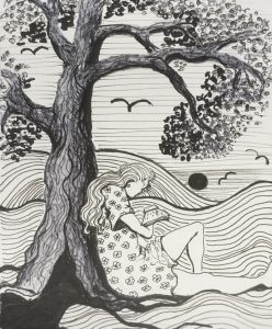 Original drawing of a girl under a tree. Ink on paper, by Jenny Neill.