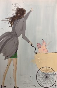 Original painting of a girl with a pig in a pram. Watercolour on paper, by Jenny Neill.