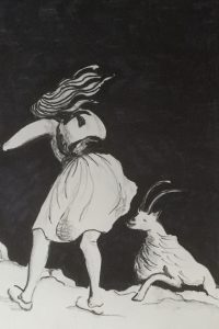 Original drawing of woman_and_a_goat. Ink on paper, by Jenny Neill.
