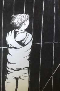 Original drawing of a boy looking through railings. Ink on paper, by Jenny Neill.