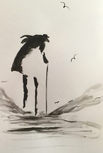 Original drawing of an elderly man. Ink on paper, by Jenny Neill.