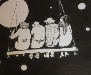Original drawing of friends on a swing. Ink on paper, by Jenny Neill.