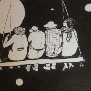 Original drawing of friends on a swing. Ink on paper, by Jenny Neill.
