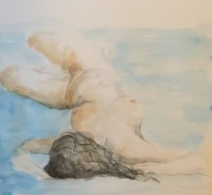 Original painting of a woman on a beach. Watercolour on paper, by Jenny Neill.